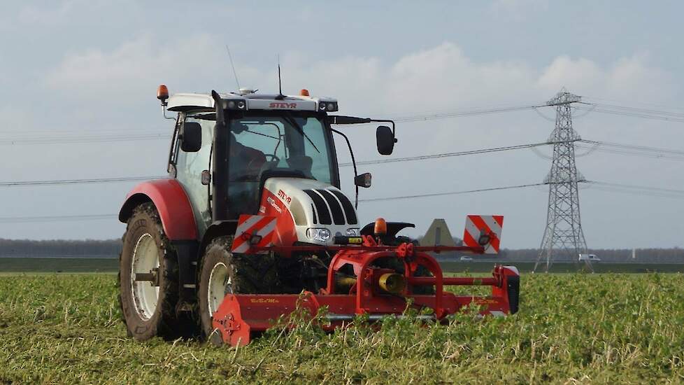 Steyr 4110 Profi aan het Bladrammenas klepelen Trekkerweb