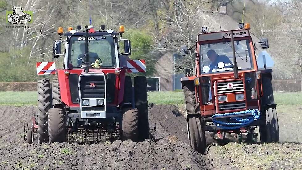 Fiat 60-90 met drieschaar Kverneland en een Massey Ferguson 590 met Kongskilde cultivator